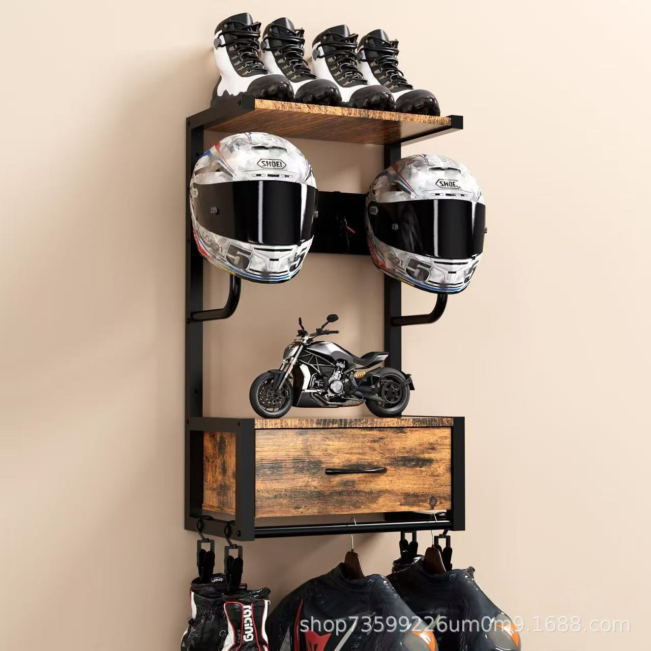 Motorcycle Gear Garage Storage - Helmet Holder Wall Mount Wood and
